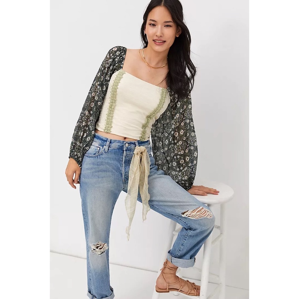 NWT ANTHROPOLOGIE SMOCKED BALLOON-SLEEVE TOP IN MOSS - Picture 2 of 9